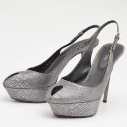 Pre Owned Sergio Rossi Silver Lizard Embossed Leather Peep Toe Slingback Platform Sandals Size 41