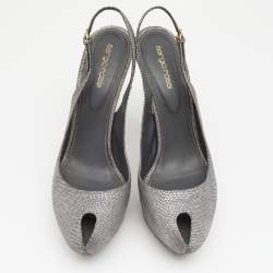 Pre Owned Sergio Rossi Silver Lizard Embossed Leather Peep Toe Slingback Platform Sandals Size 41