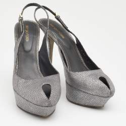 Pre Owned Sergio Rossi Silver Lizard Embossed Leather Peep Toe Slingback Platform Sandals Size 41