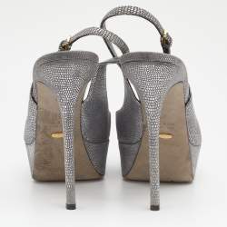 Pre Owned Sergio Rossi Silver Lizard Embossed Leather Peep Toe Slingback Platform Sandals Size 41