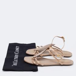 Pre Owned Sergio Rossi Beige Satin and Leather Crystal Embellished Leaf Flat Ankle-Strap Sandals Size 37.5