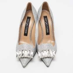 Pre Owned حذاء كعب عالي سيرجيو روسي غليتر فضي مزخرف كريستال مقاس 39