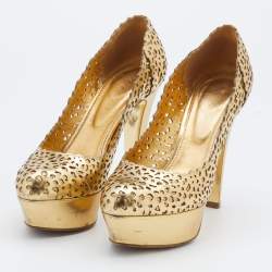 Pre Owned Sergio Rossi Metallic Gold Laser Cut Leather Platform Pumps Size 36.5