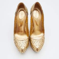 Pre Owned Sergio Rossi Metallic Gold Laser Cut Leather Platform Pumps Size 36.5