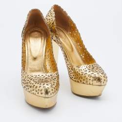 Pre Owned Sergio Rossi Metallic Gold Laser Cut Leather Platform Pumps Size 36.5