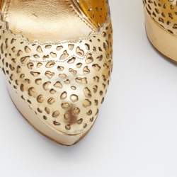 Pre Owned Sergio Rossi Metallic Gold Laser Cut Leather Platform Pumps Size 36.5