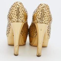 Pre Owned Sergio Rossi Metallic Gold Laser Cut Leather Platform Pumps Size 36.5