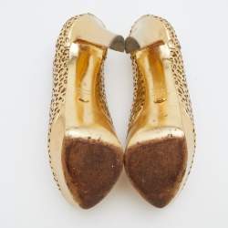 Pre Owned Sergio Rossi Metallic Gold Laser Cut Leather Platform Pumps Size 36.5