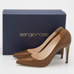 مملوكة مسبقًا حذاء كعب عالي سيرجيو روسي جلد الإغوانا بني مقدمة مدببة مقاس 39.5