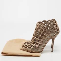 Pre Owned Sergio Rossi Beige Crystal Embellished Scalloped Suede Peep-Toe Caged Ankle Booties Size 39