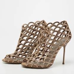 Pre Owned Sergio Rossi Beige Crystal Embellished Scalloped Suede Peep-Toe Caged Ankle Booties Size 39