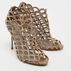Pre Owned Sergio Rossi Beige Crystal Embellished Scalloped Suede Peep-Toe Caged Ankle Booties Size 39