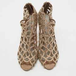Pre Owned Sergio Rossi Beige Crystal Embellished Scalloped Suede Peep-Toe Caged Ankle Booties Size 39
