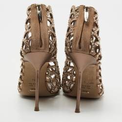 Pre Owned Sergio Rossi Beige Crystal Embellished Scalloped Suede Peep-Toe Caged Ankle Booties Size 39
