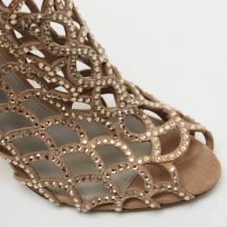 Pre Owned Sergio Rossi Beige Crystal Embellished Scalloped Suede Peep-Toe Caged Ankle Booties Size 39