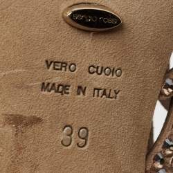 Pre Owned Sergio Rossi Beige Crystal Embellished Scalloped Suede Peep-Toe Caged Ankle Booties Size 39