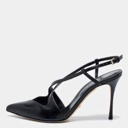 Pre Owned Sergio Rossi Black Leather Pointed Toe Bon Ton Slingback Sandals Size 37