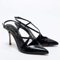 Pre Owned Sergio Rossi Black Leather Pointed Toe Bon Ton Slingback Sandals Size 37