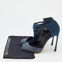 Pre Owned Sergio Rossi Midnight Blue Satin Crystal Embellished Peep Toe Pumps Size 41