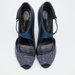 Pre Owned Sergio Rossi Midnight Blue Satin Crystal Embellished Peep Toe Pumps Size 41