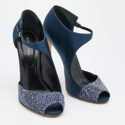Pre Owned Sergio Rossi Midnight Blue Satin Crystal Embellished Peep Toe Pumps Size 41