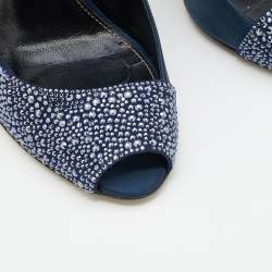 Pre Owned Sergio Rossi Midnight Blue Satin Crystal Embellished Peep Toe Pumps Size 41