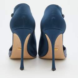 Pre Owned Sergio Rossi Midnight Blue Satin Crystal Embellished Peep Toe Pumps Size 41