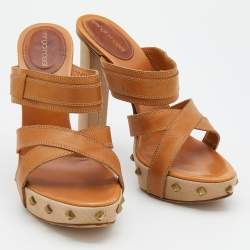 Sergio Rossi Tan Leather Strappy Studded Platform Sandals Size 40