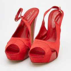 Sergio Rossi Red Satin Open Toe Platform Slingback Sandals Size 40