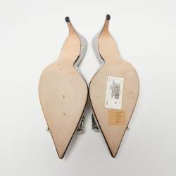 Pre Owned Sergio Rossi Silver Glitter Fabric Crystal Embellished Pointed Toe Mules Size 39.5