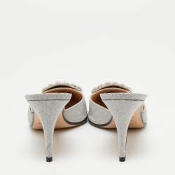 Pre Owned Sergio Rossi Silver Glitter Fabric Crystal Embellished Pointed Toe Mules Size 39.5