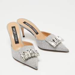 Pre Owned Sergio Rossi Silver Glitter Fabric Crystal Embellished Pointed Toe Mules Size 39.5
