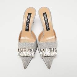 Pre Owned Sergio Rossi Silver Glitter Fabric Crystal Embellished Pointed Toe Mules Size 39.5