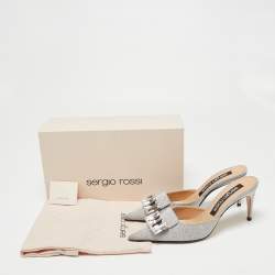 Pre Owned Sergio Rossi Silver Glitter Fabric Crystal Embellished Pointed Toe Mules Size 39.5
