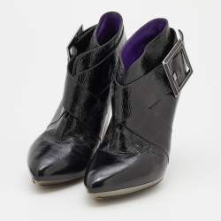 Sergio Rossi Black Patent Leather Buckle Detail Ankle Length Boots Size 37