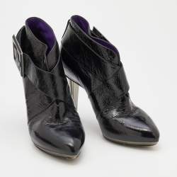 Sergio Rossi Black Patent Leather Buckle Detail Ankle Length Boots Size 37