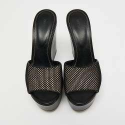 Pre Owned Sergio Rossi Black Mesh and Leather Lakeesha Wedge Slides Sandals Size 37.5