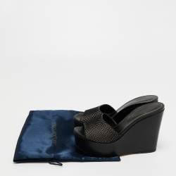 Pre Owned Sergio Rossi Black Mesh and Leather Lakeesha Wedge Slides Sandals Size 37.5