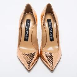 Pre Owned Sergio Rossi Rose Gold Python Embossed Leather Pointed Toe Pumps Size 36.5
