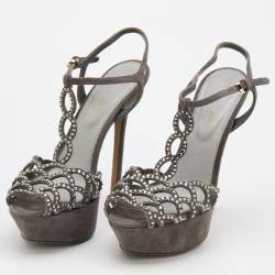 Sergio Rossi Grey Suede Embellished Strappy Scalloped Platform Sandals Size 36