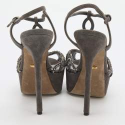 Sergio Rossi Grey Suede Embellished Strappy Scalloped Platform Sandals Size 36