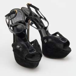 Sergio Rossi Black Suede and Patent Leather Platform Sandals Size 36.5