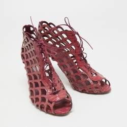 Pre Owned Sergio Rossi Magenta Lizard Embossed Leather Cut Out Lace Up Ankle Booties Size 40