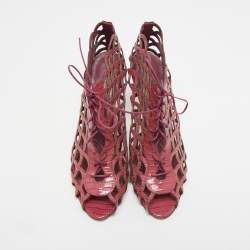 Pre Owned Sergio Rossi Magenta Lizard Embossed Leather Cut Out Lace Up Ankle Booties Size 40