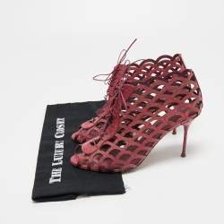 Pre Owned Sergio Rossi Magenta Lizard Embossed Leather Cut Out Lace Up Ankle Booties Size 40