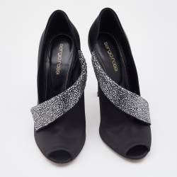 Pre Owned Sergio Rossi Black Satin Crystal Embellished Peep Toe Pumps Size 37