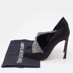 Pre Owned Sergio Rossi Black Satin Crystal Embellished Peep Toe Pumps Size 37