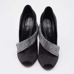 Pre Owned Sergio Rossi Black Satin Crystal Embellished Peep Toe Pumps Size 37