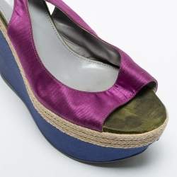 Sergio Rossi Purple Fabric Open Toe Wedge Platform Slingback Sandals Size 41