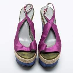 Sergio Rossi Purple Fabric Open Toe Wedge Platform Slingback Sandals Size 41